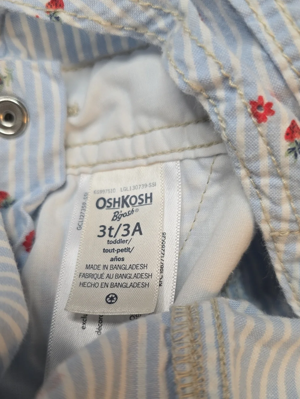 OshKosh B'gosh Blue & White Striped Short Overalls with Red Floral Print